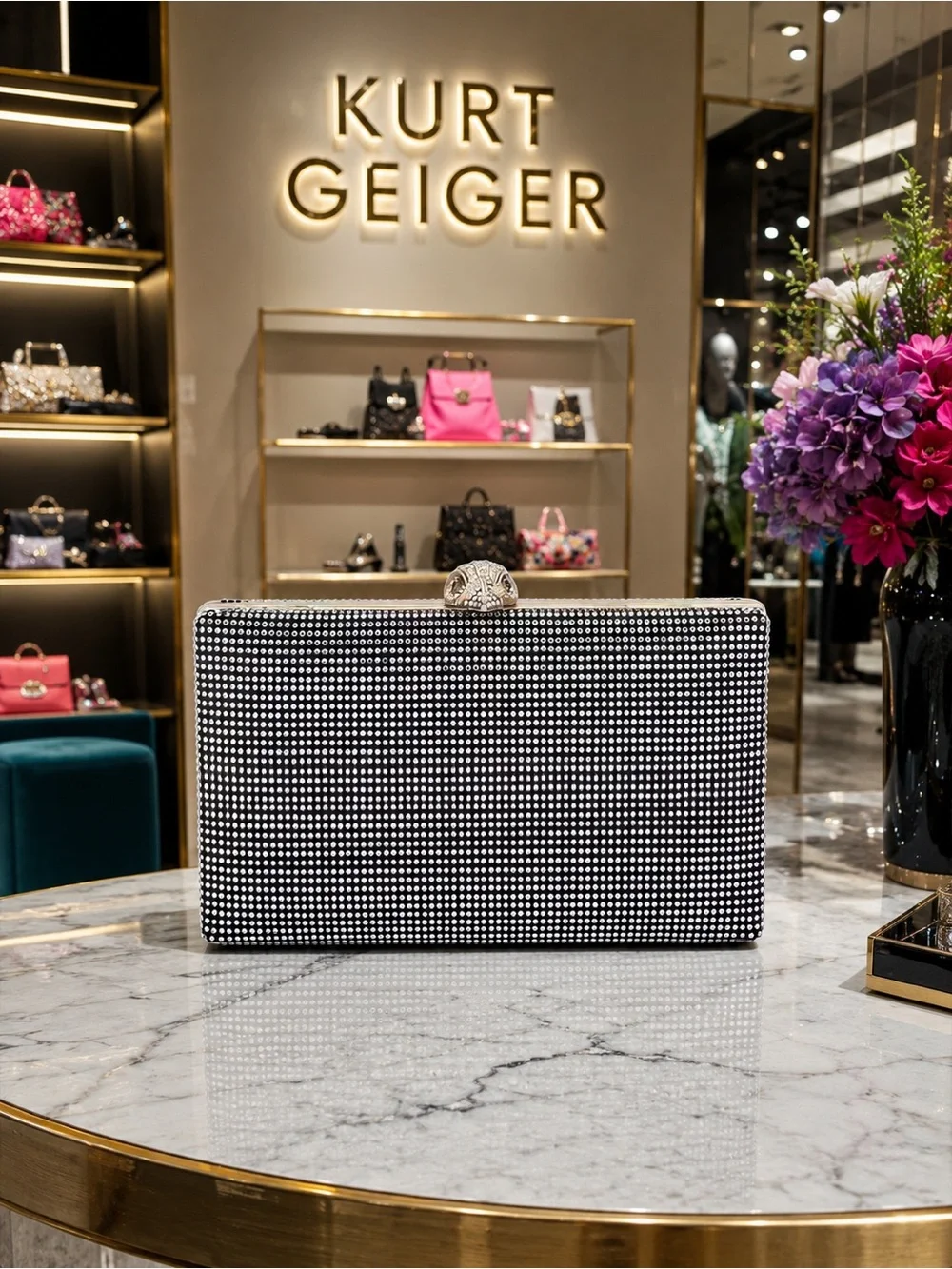 Kurt Geiger Black Crystal-Embellished Rectangle Minaudière Clutch with dust bag
